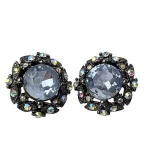 Post Earrings Faceted Ice Blue Center Stone AB Shimmer Halo Antiqued Silver Tone